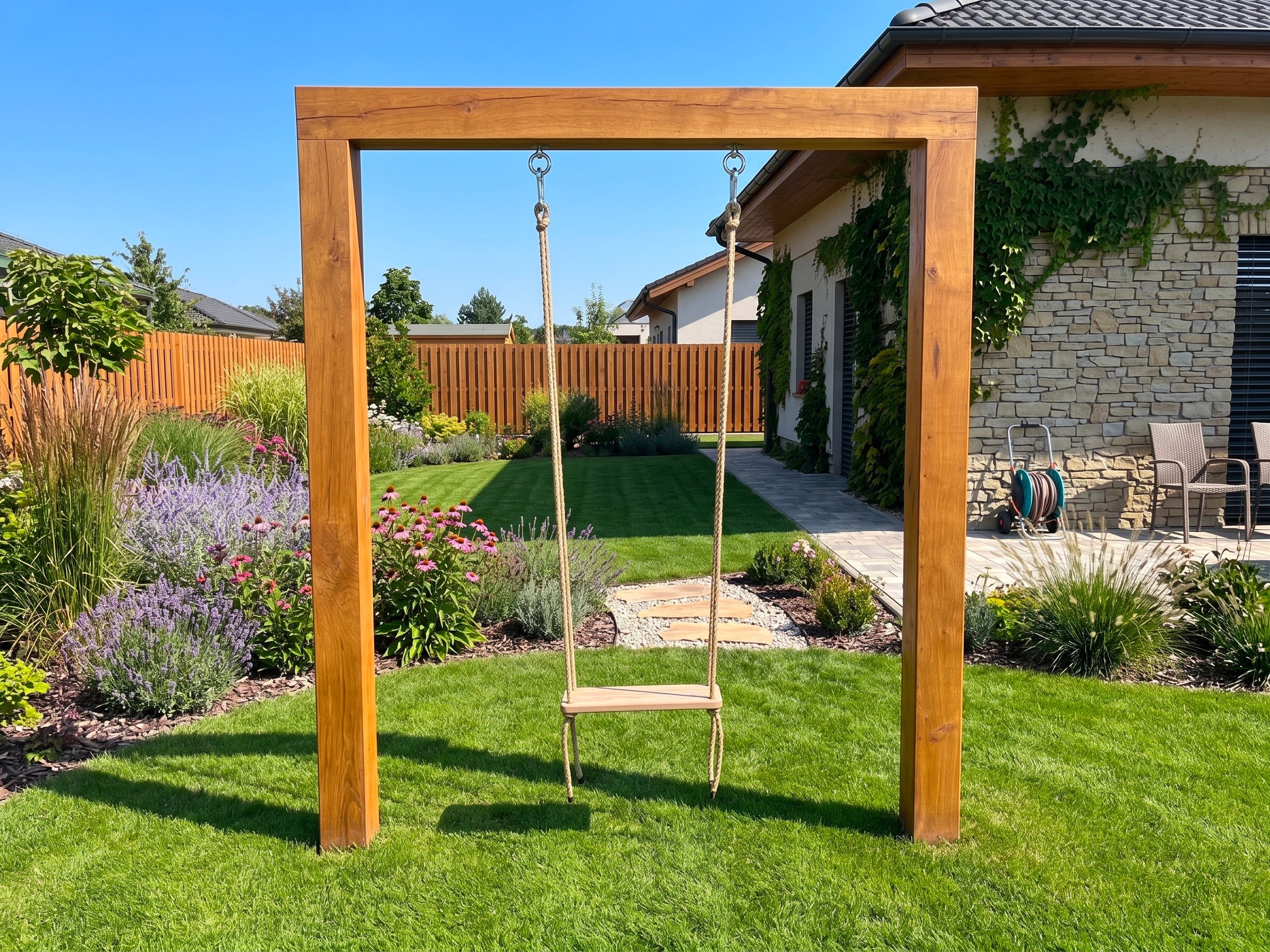 Dubová houpačka pro jednoho v zahradě